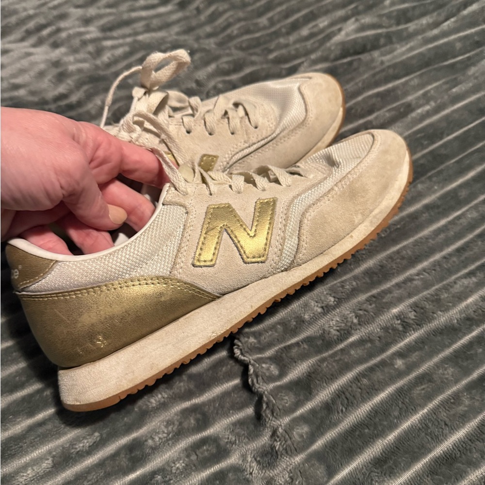 New Balance Cream and Gold Retro Runner Sneakers